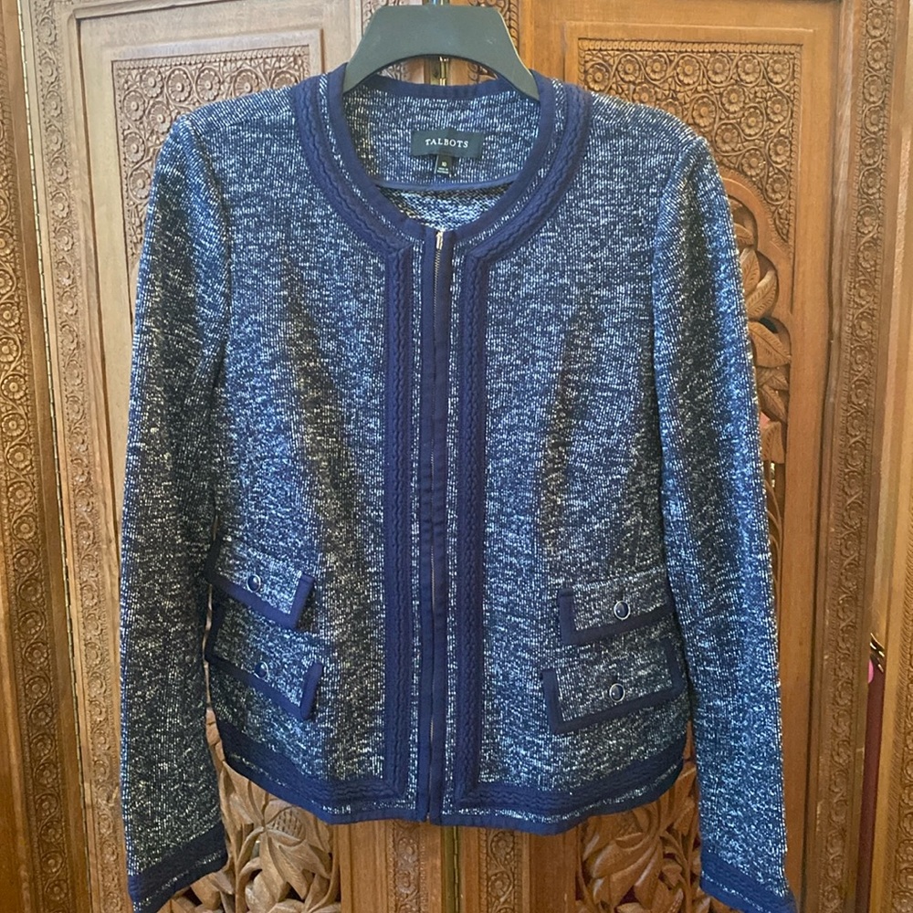NWOT Talbots Navy Blue and White Zip-up Blazer - Size 10